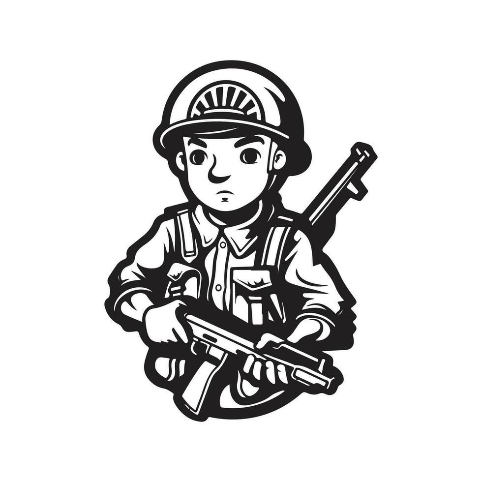 cute soldier, vintage logo line art concept black and white color, hand drawn illustration vector