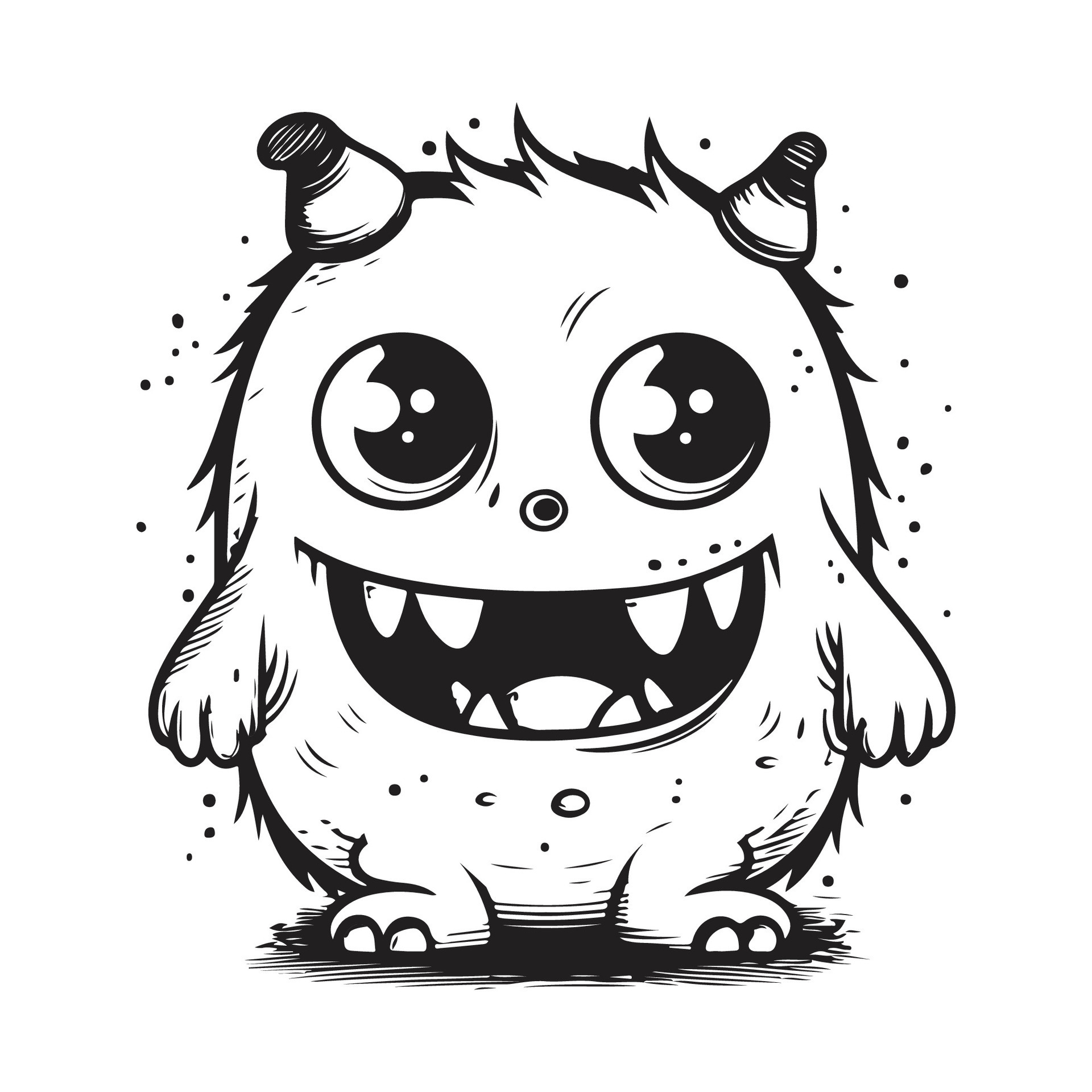 cute little cartoon monster, vintage logo line art concept black and white color, hand drawn