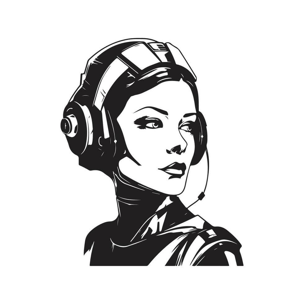 cyborg girl, vintage logo line art concept black and white color, hand drawn illustration vector