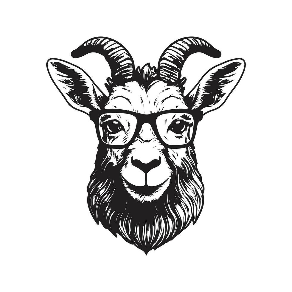 goat hipster, vintage logo line art concept black and white color, hand drawn illustration vector