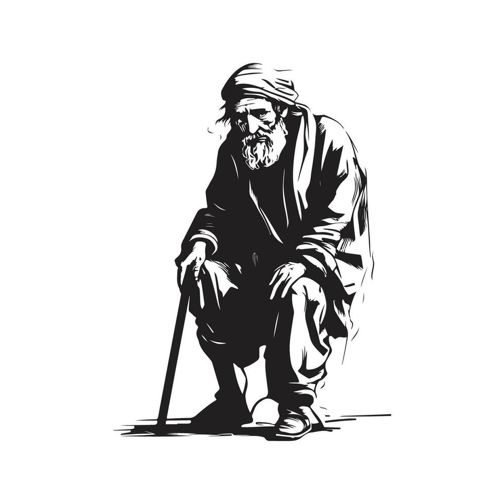 sickly old man, vintage logo line art concept black and white color, hand drawn illustration vector
