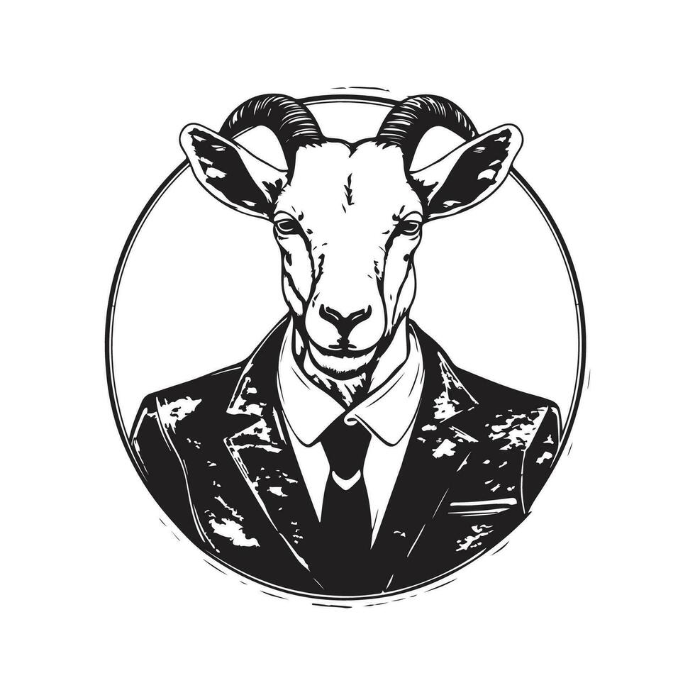 goat wearing suit, vintage logo line art concept black and white color, hand drawn illustration vector