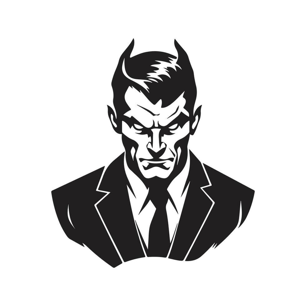 devil wearing suit, vintage logo line art concept black and white color, hand drawn illustration vector