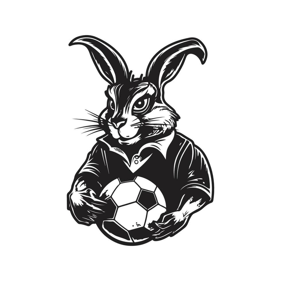 rabbit football player, vintage logo line art concept black and white color, hand drawn illustration vector