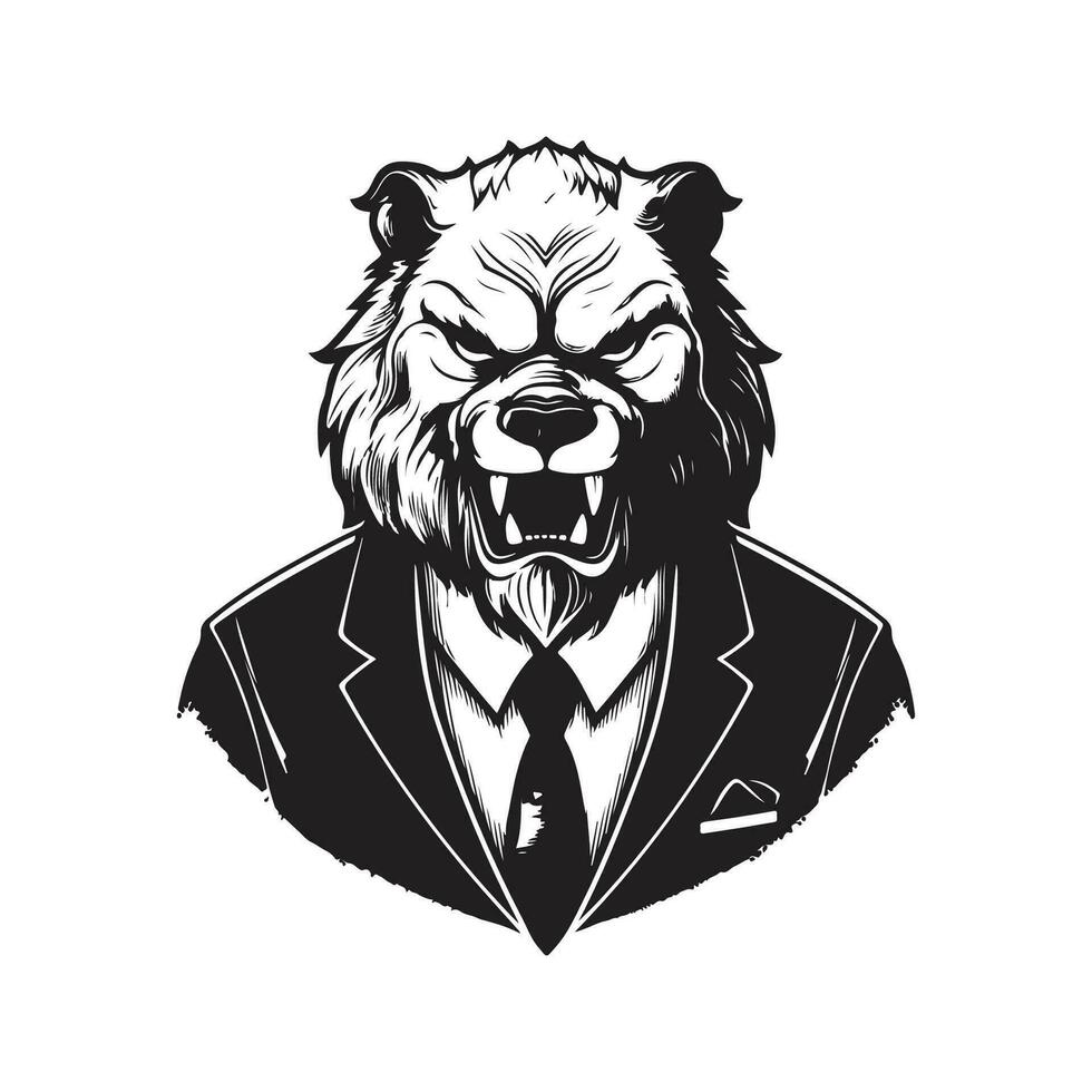 beast wearing suit, vintage logo line art concept black and white color, hand drawn illustration vector