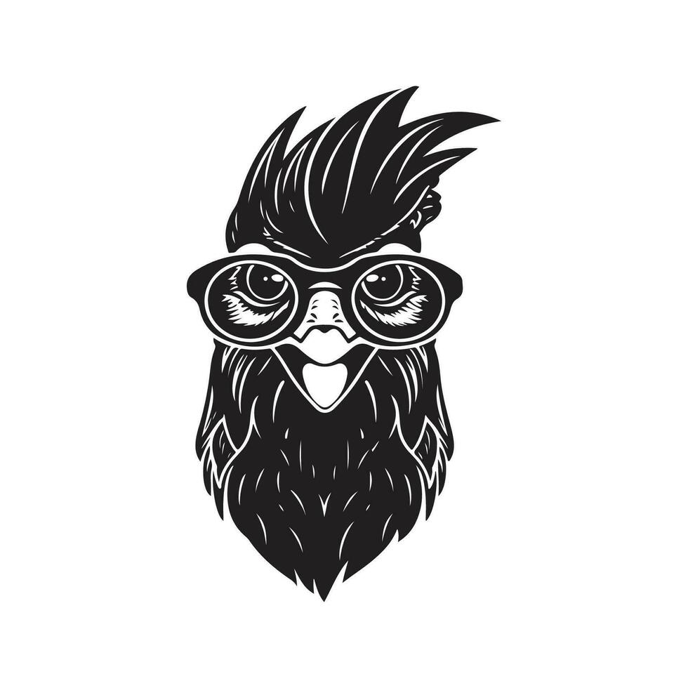 rooster wearing sunglasses, vintage logo line art concept black and white color, hand drawn illustration vector