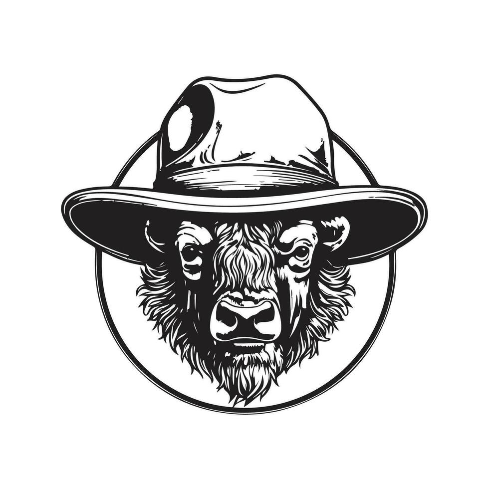 bison head in bucket hat, vintage logo line art concept black and white color, hand drawn illustration vector