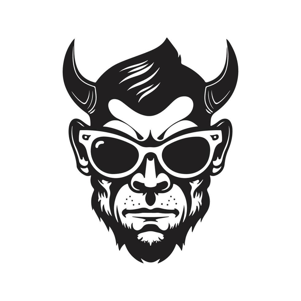 devil wearing sunglasses, vintage logo line art concept black and white color, hand drawn illustration vector