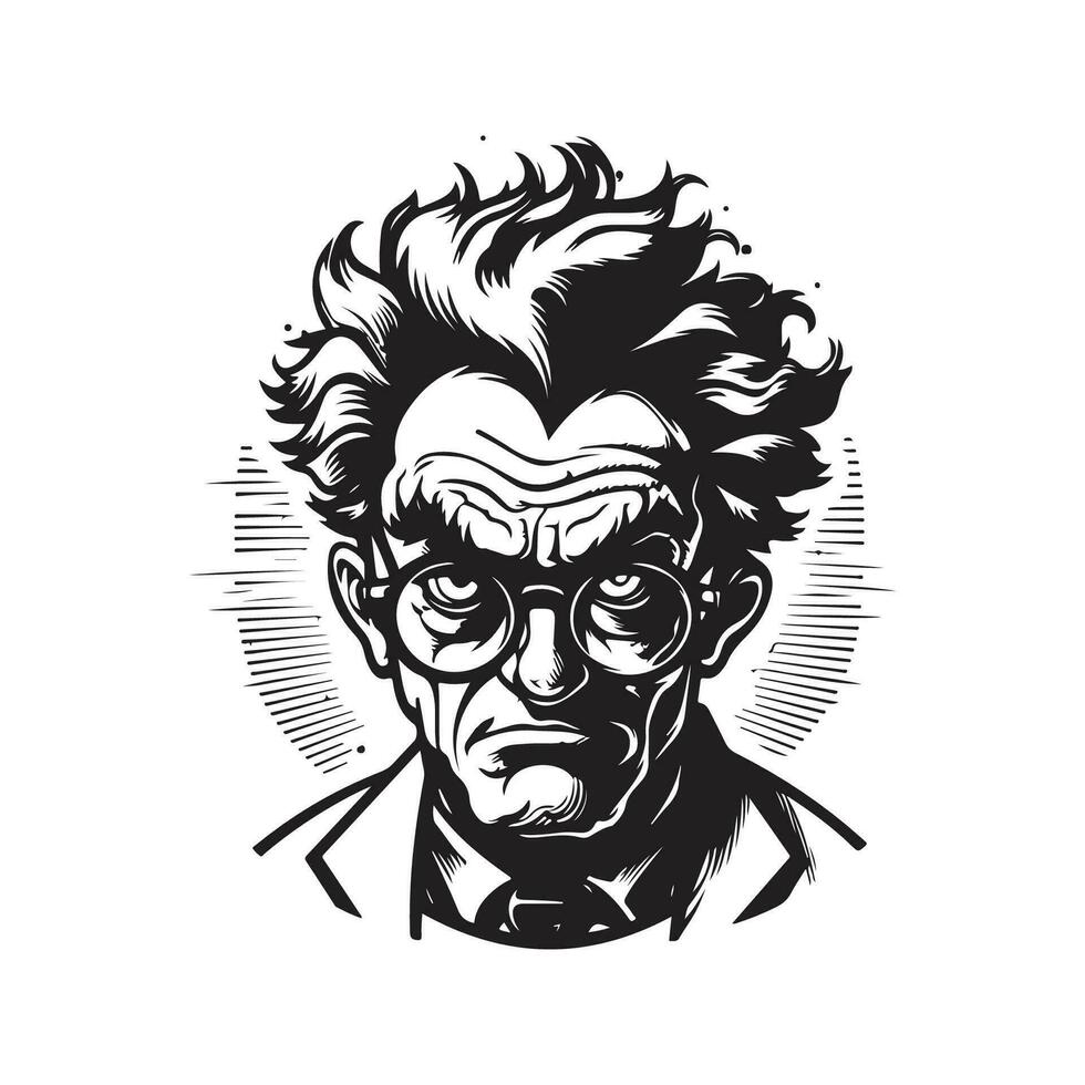 mad scientist, vintage logo line art concept black and white color, hand drawn illustration vector