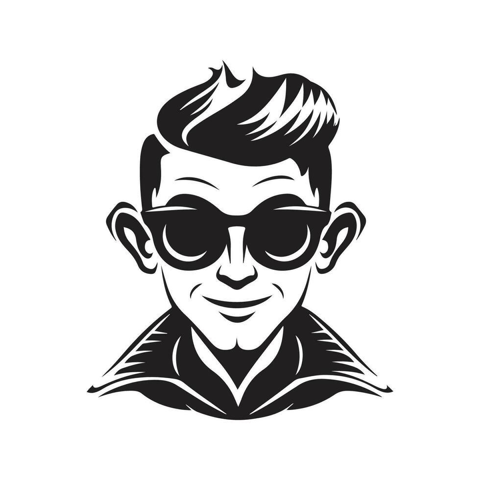 elf wearing sunglasses, vintage logo line art concept black and white color, hand drawn illustration vector