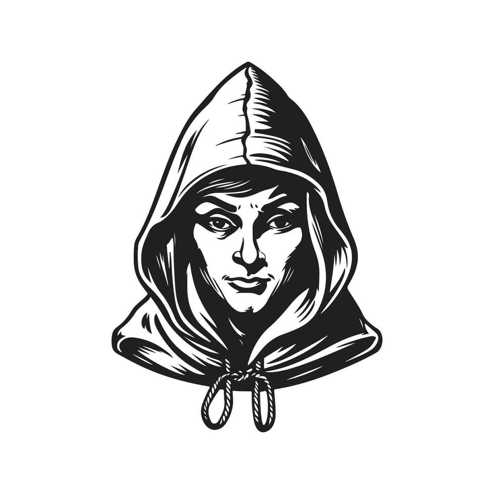 elf hooded, vintage logo line art concept black and white color, hand drawn illustration vector