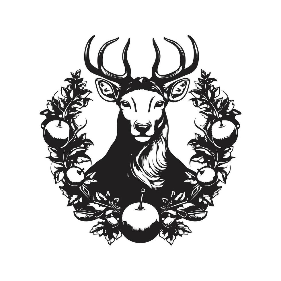 apple with deer, vintage logo line art concept black and white color, hand drawn illustration vector