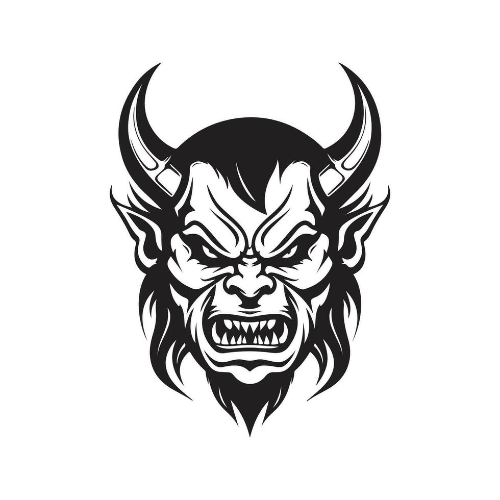 angry devil, vintage logo line art concept black and white color, hand drawn illustration vector