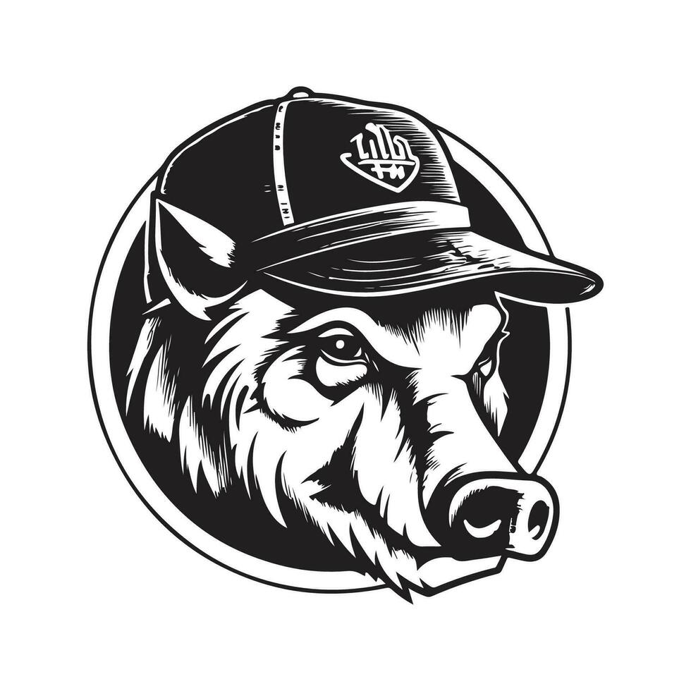 boar wearing hat, vintage logo line art concept black and white color, hand drawn illustration vector