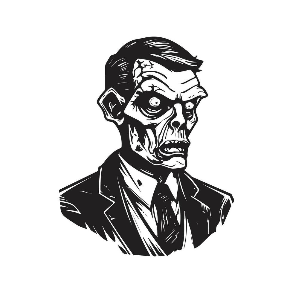 zombi vistiendo traje, Clásico logo línea Arte concepto negro y blanco color, mano dibujado ilustración vector