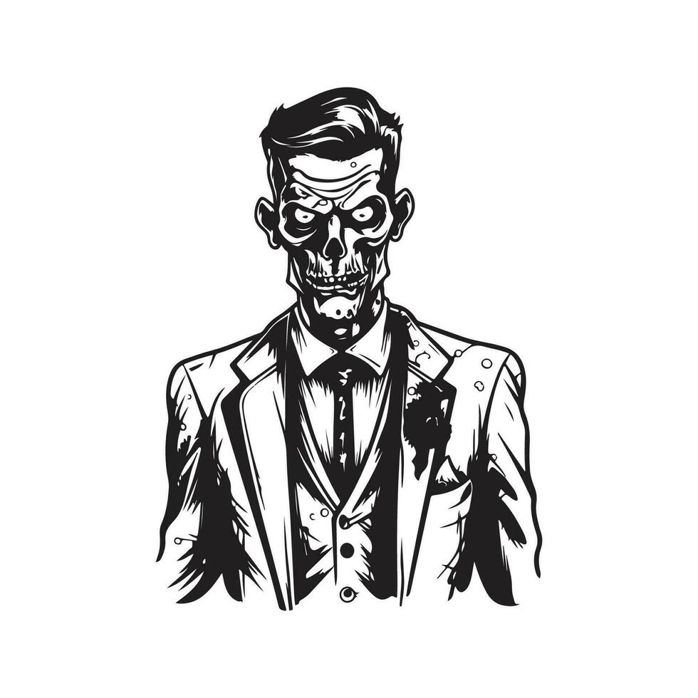 zombi vistiendo traje, Clásico logo línea Arte concepto negro y blanco color, mano dibujado ilustración vector