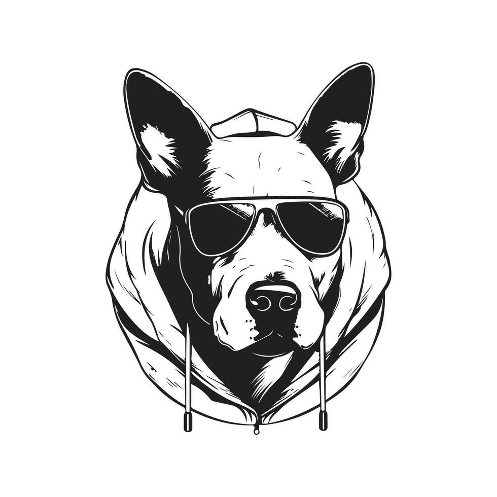 bull terrier wearing hoodie with sunglasses, vintage logo line art concept black and white color, hand drawn illustration vector