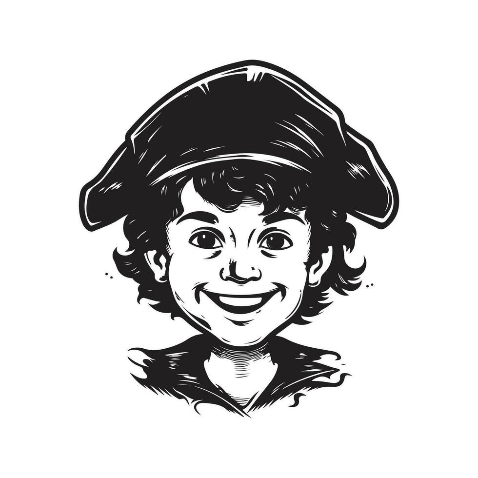 boy pirate, vintage logo line art concept black and white color, hand drawn illustration vector