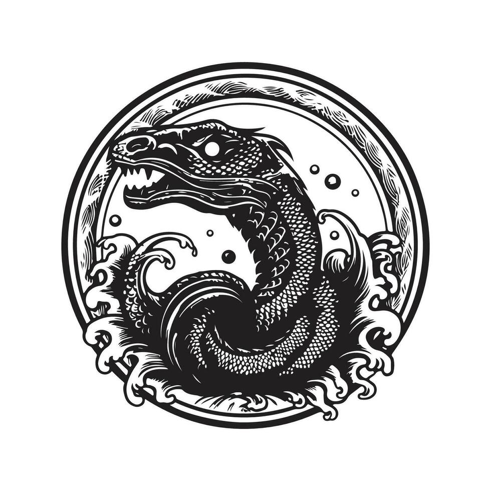 water serpent, vintage logo line art concept black and white color, hand drawn illustration vector