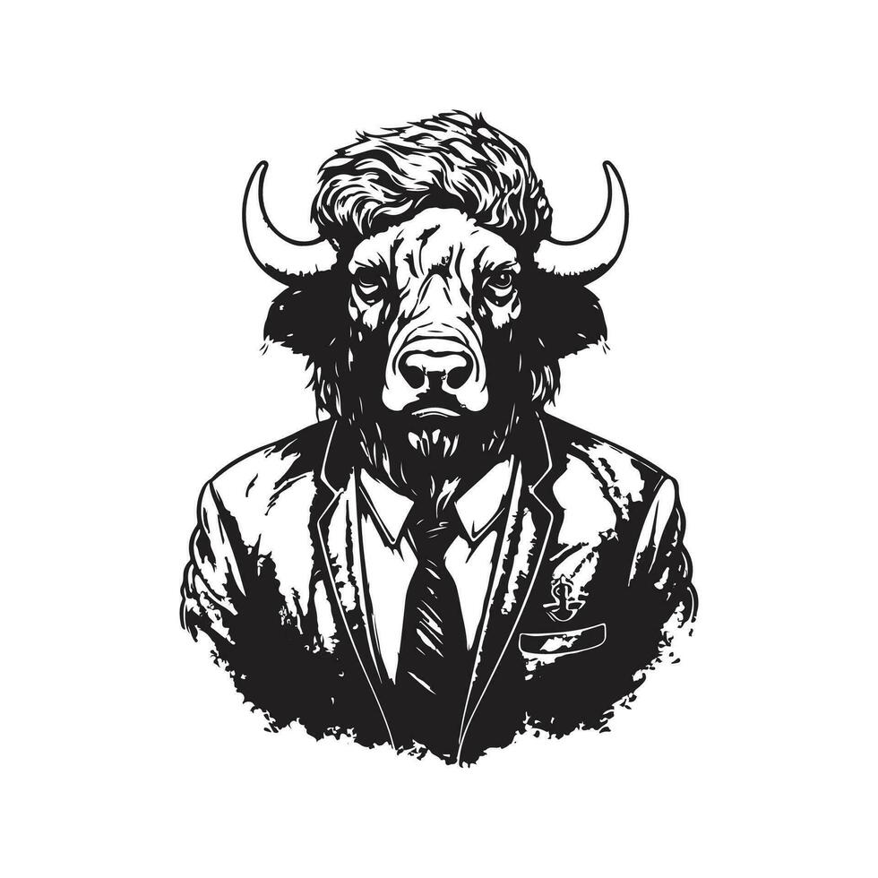 buffalo businessman, vintage logo line art concept black and white color, hand drawn illustration vector