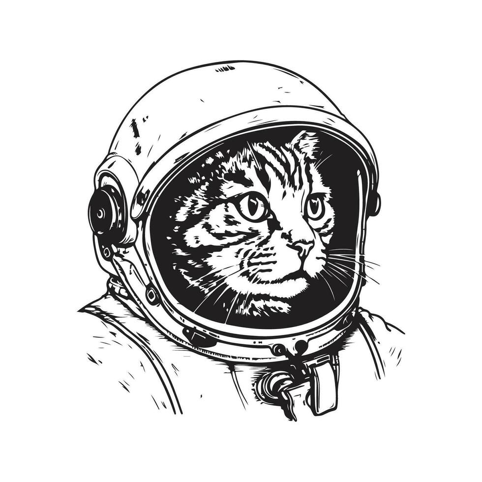 cat astronaut, vintage logo line art concept black and white color, hand drawn illustration vector