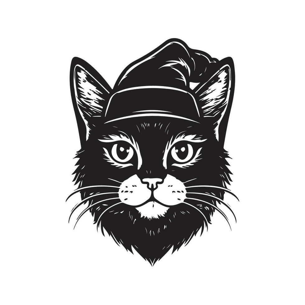 cat christmas head, vintage logo line art concept black and white color, hand drawn illustration vector