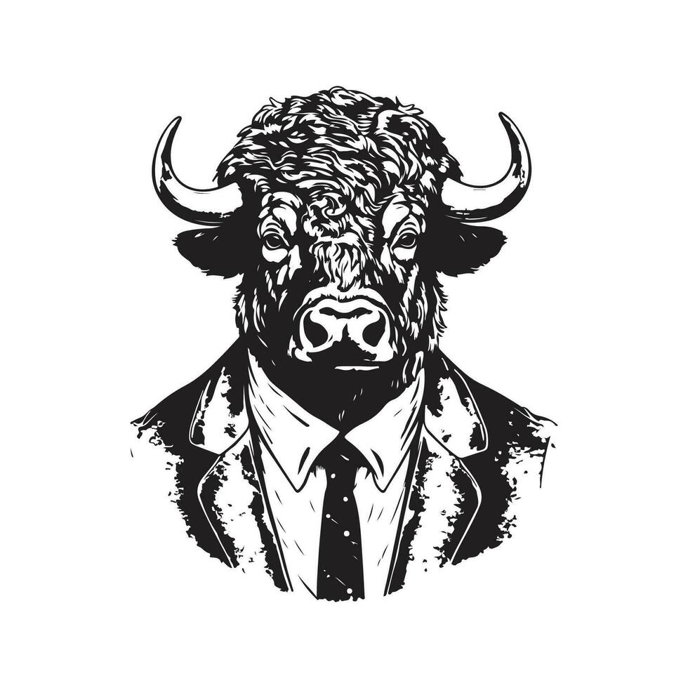 buffalo businessman, vintage logo line art concept black and white color, hand drawn illustration vector