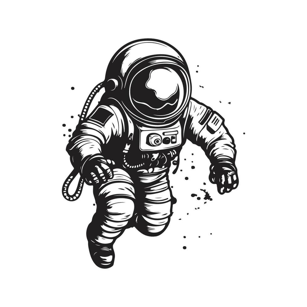 cartoon astronaut, vintage logo line art concept black and white color, hand drawn illustration vector