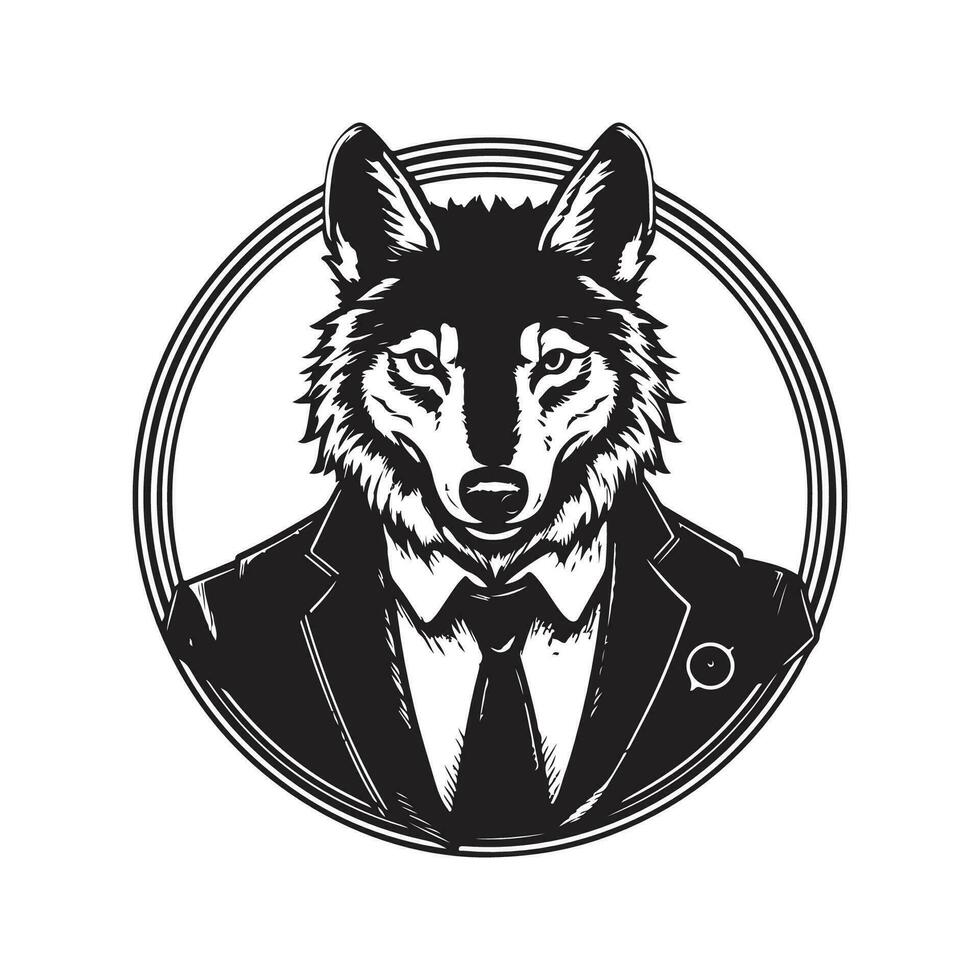 lobo empresario, Clásico logo línea Arte concepto negro y blanco color, mano dibujado ilustración vector