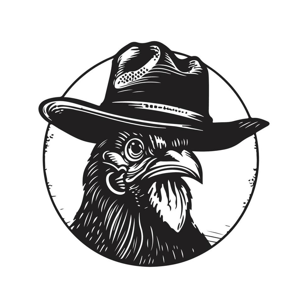 rooster wearing hat, vintage logo line art concept black and white color, hand drawn illustration vector