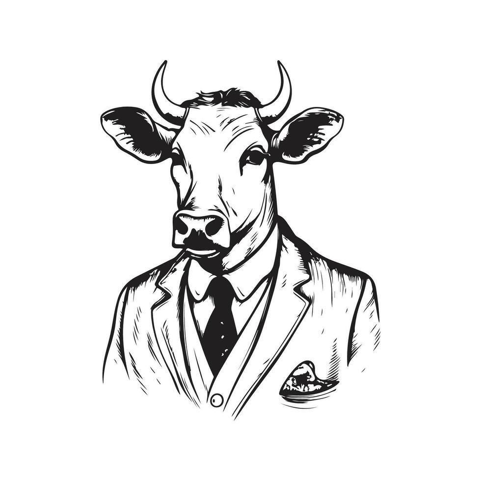 zebu wearing suit, vintage logo line art concept black and white color, hand drawn illustration vector