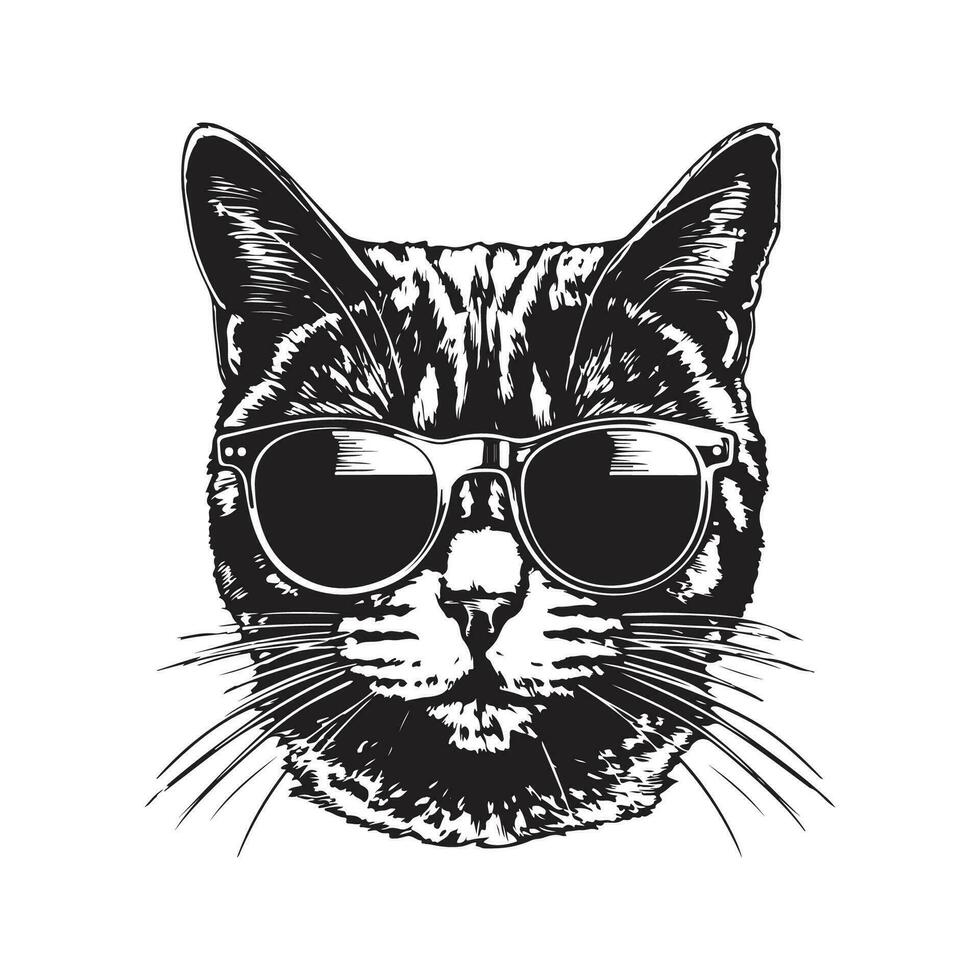 british cat with sunglasses, vintage logo line art concept black and white color, hand drawn illustration vector