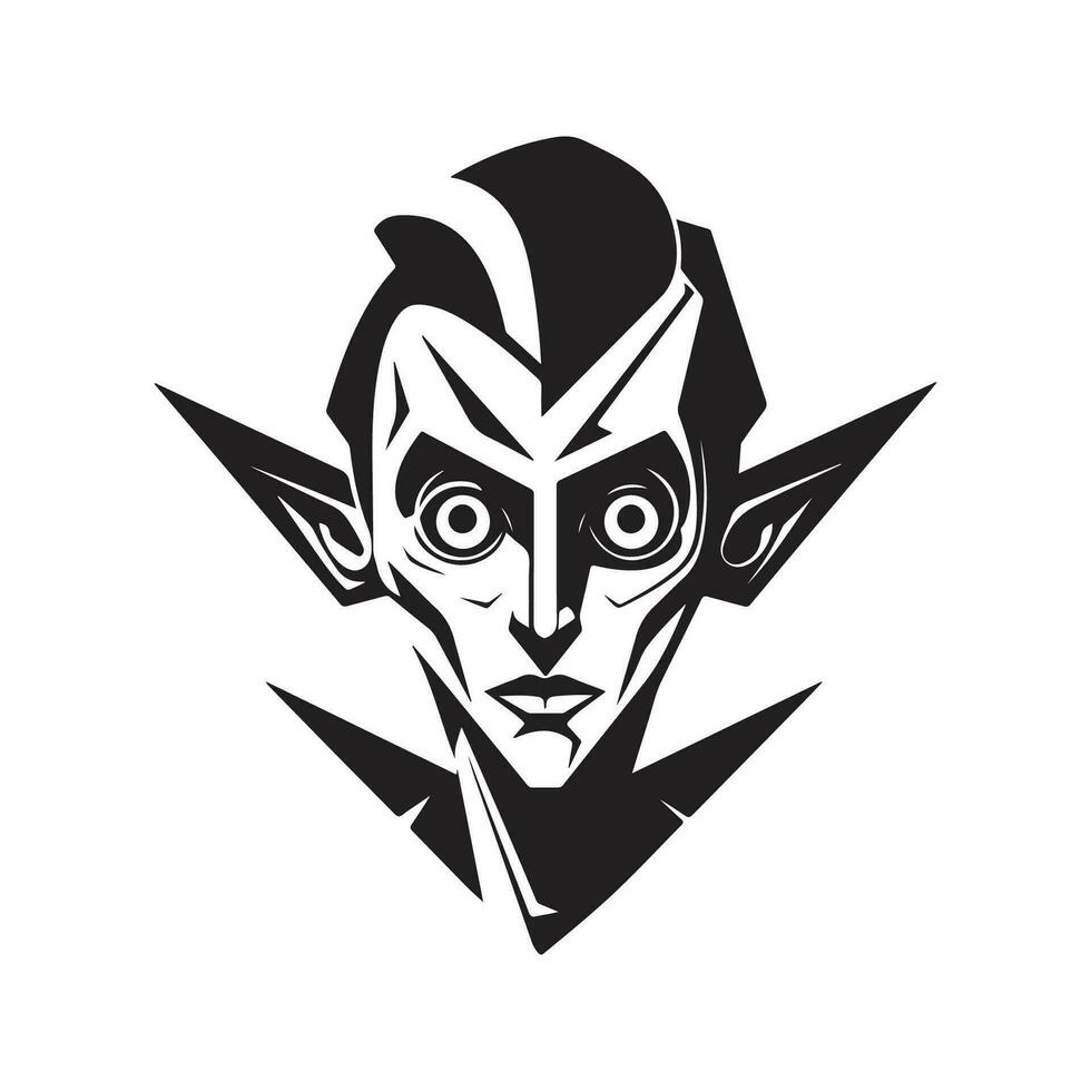 elf sci fi, vintage logo line art concept black and white color, hand drawn illustration vector