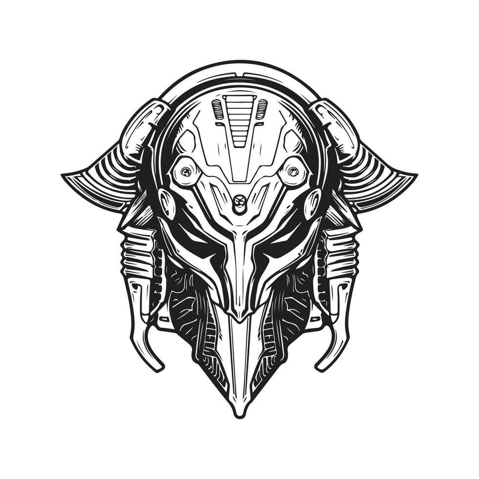 batalla extraterrestre cibernético, Clásico logo línea Arte concepto negro y blanco color, mano dibujado ilustración vector
