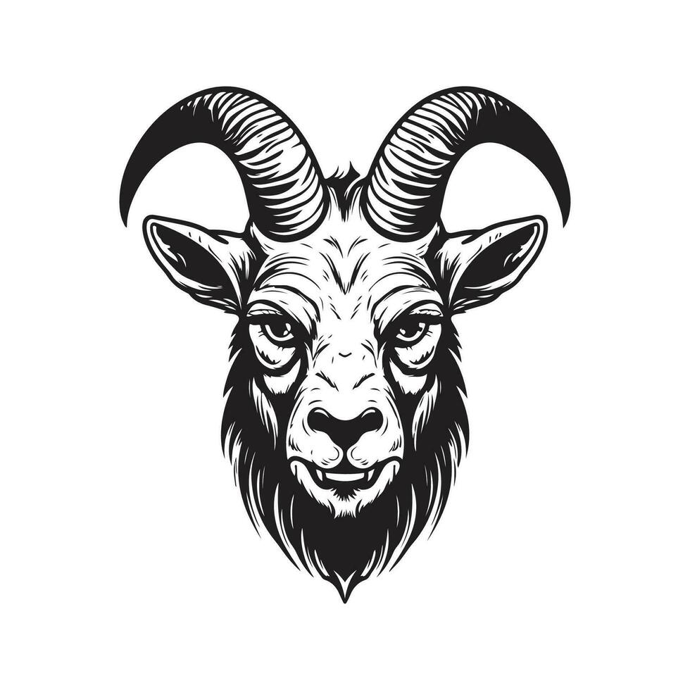 angry goat, vintage logo line art concept black and white color, hand drawn illustration vector