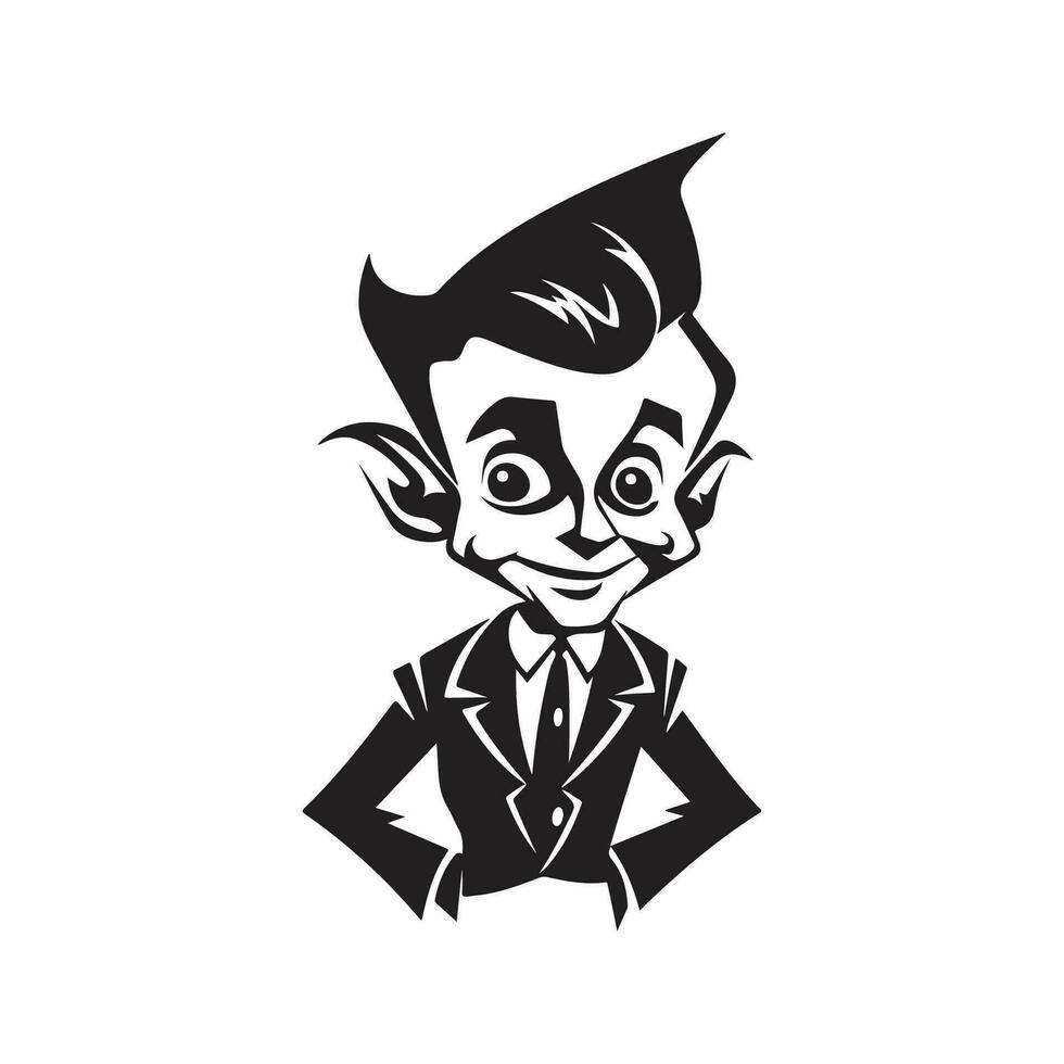 elf wearing suit, vintage logo line art concept black and white color, hand drawn illustration vector