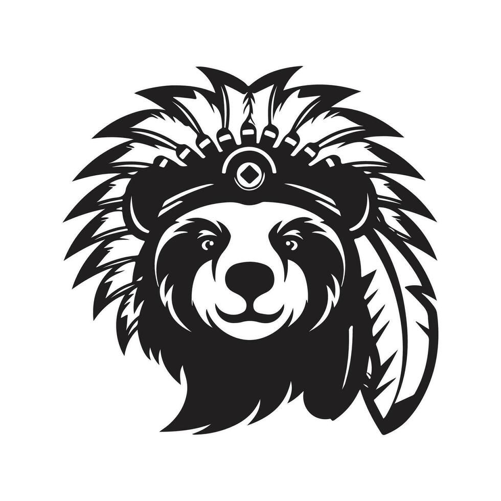 panda indian, vintage logo line art concept black and white color, hand drawn illustration vector