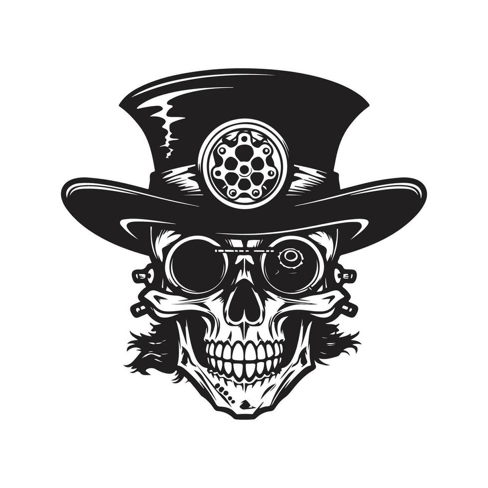 skull wearing steampunk hat, vintage logo line art concept black and white color, hand drawn illustration vector
