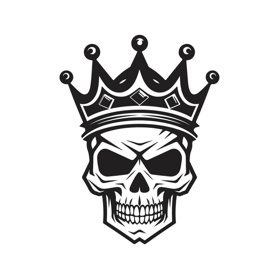 skull head with crown, vintage logo line art concept black and white color, hand drawn illustration vector