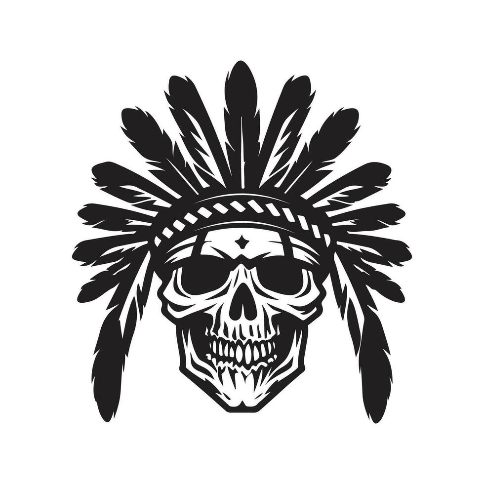 skull head indian, vintage logo line art concept black and white color, hand drawn illustration vector