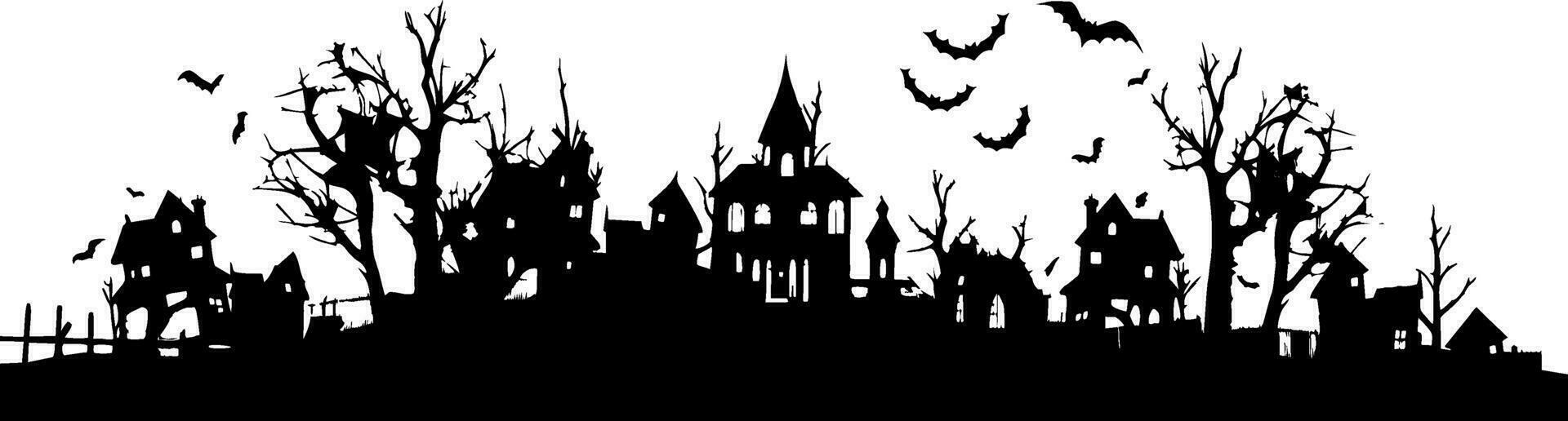Halloween Houses and trees on white background of black silhouettes style. Haunted houses or spooky village for background, banner and header. Vector illustration for halloween concept