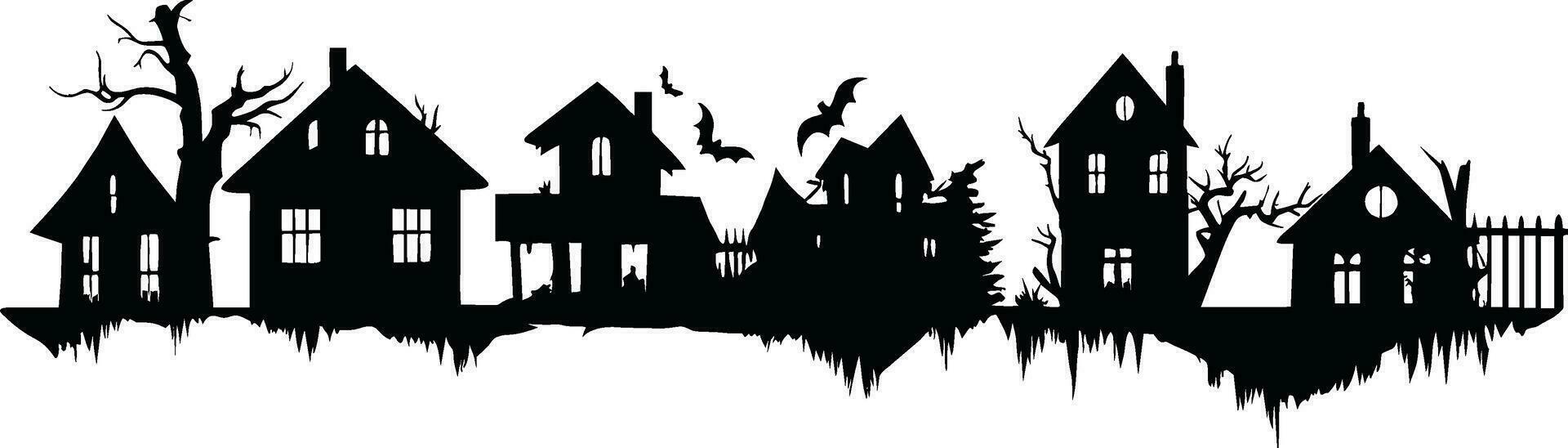 Small cartoon town silhouette houses trees black and white. Vector Illustration with fairy town silhouette. Halloween villgae silhouette vector illustration.