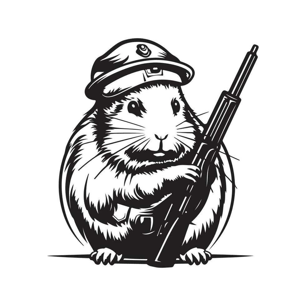 guinea pig soldier, vintage logo line art concept black and white color, hand drawn illustration vector