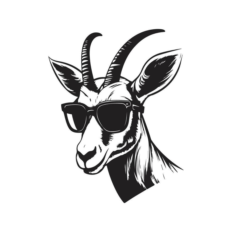 springbok wearing sunglasses, vintage logo line art concept black and white color, hand drawn illustration vector