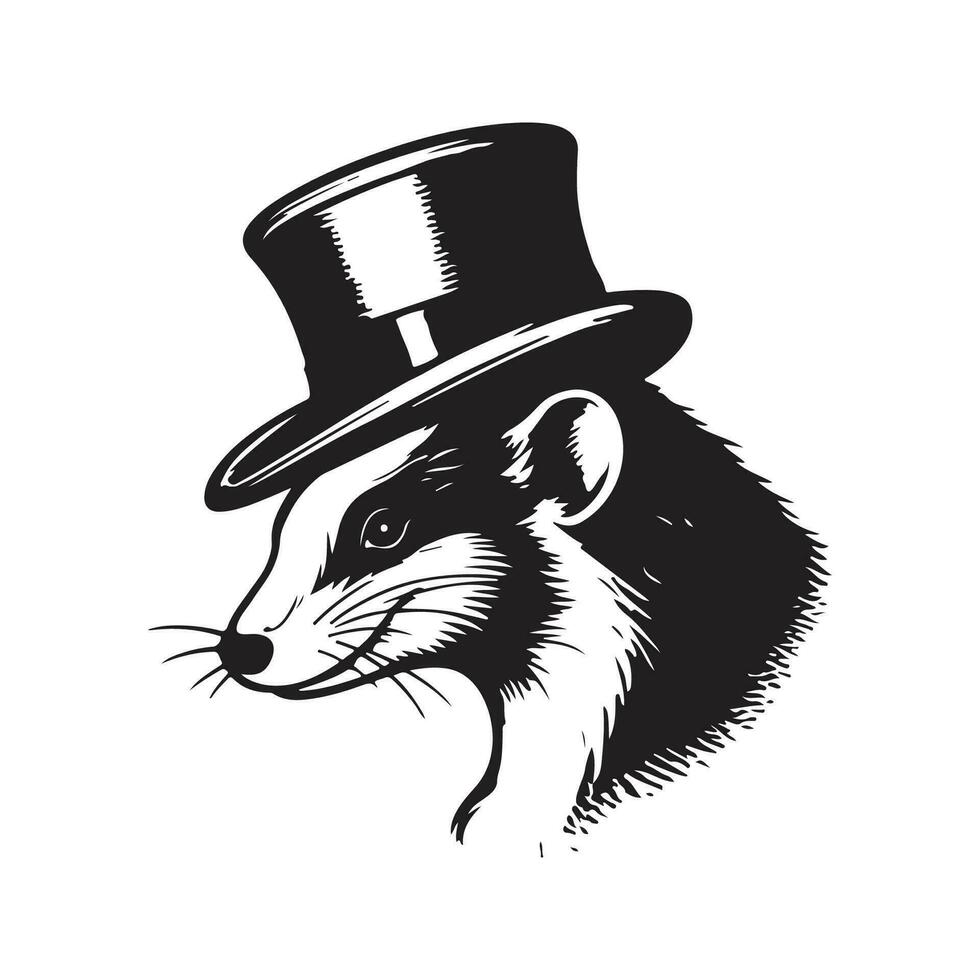 skunk wearing hat, vintage logo line art concept black and white color, hand drawn illustration vector