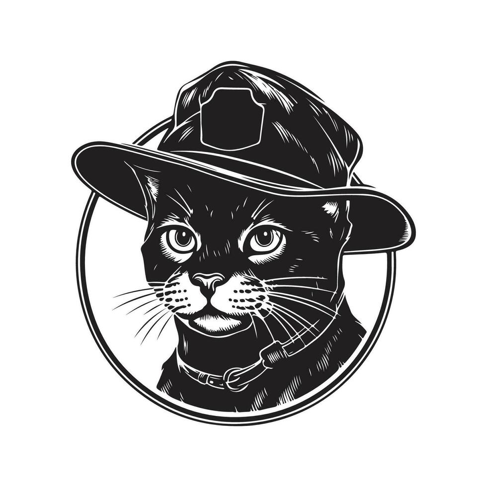 cat wearing scout hat, vintage logo line art concept black and white color, hand drawn illustration vector