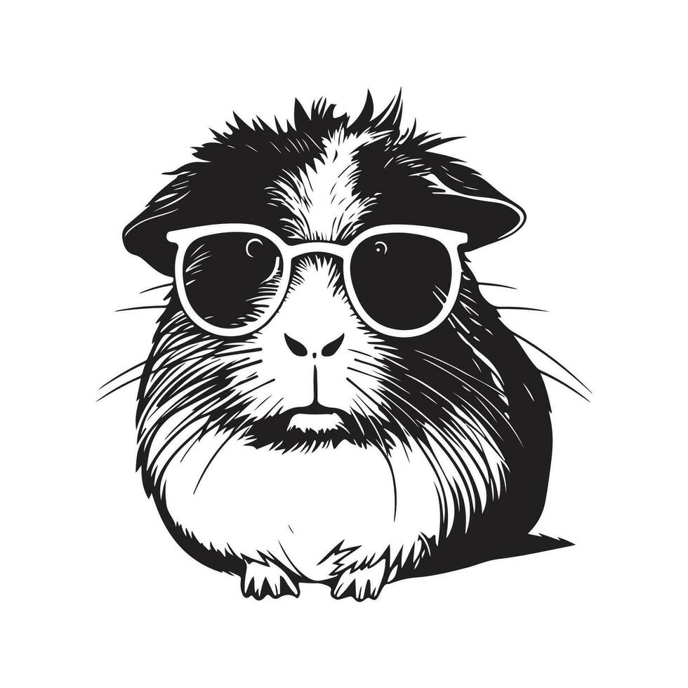 guinea pig wearing sunglasses, vintage logo line art concept black and white color, hand drawn illustration vector