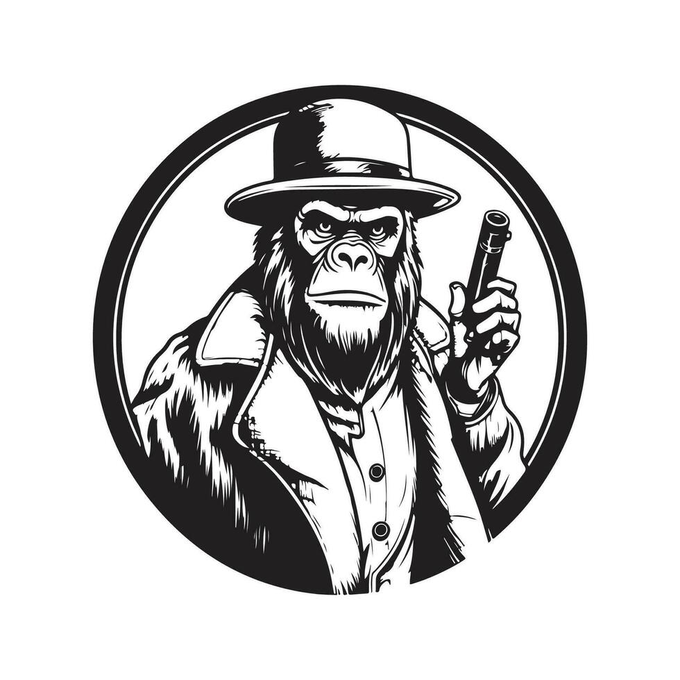 orangután detective, Clásico logo línea Arte concepto negro y blanco color, mano dibujado ilustración vector