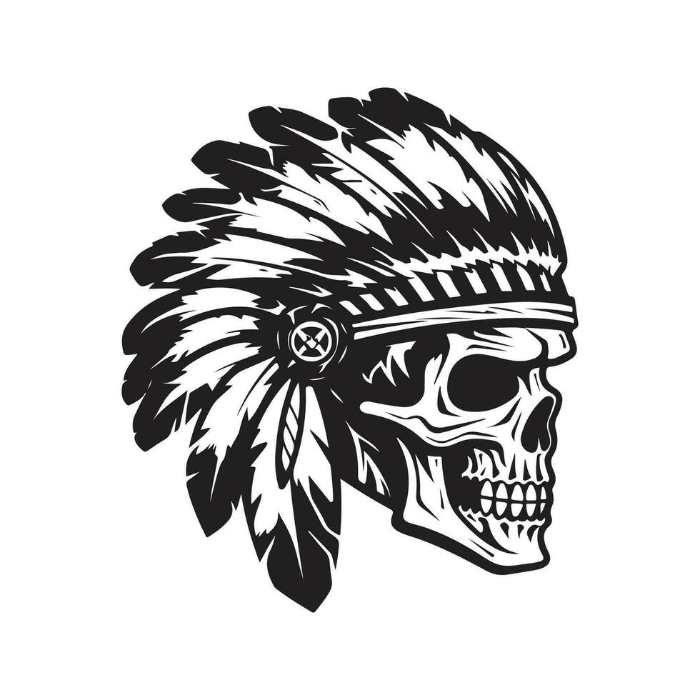 skull head indian, vintage logo line art concept black and white color, hand drawn illustration vector