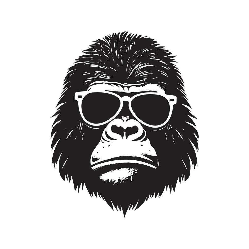 gorilla wearing sunglasses, vintage logo line art concept black and white color, hand drawn illustration vector